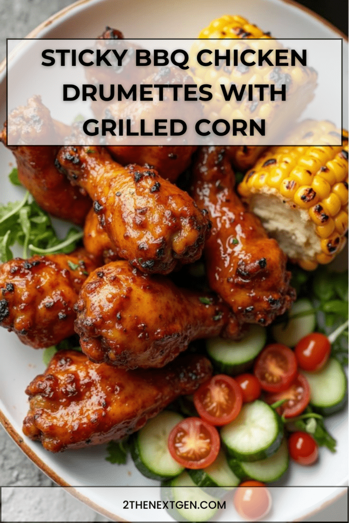 Sticky BBQ chicken drumettes glazed with sauce served with grilled corn cobettes and fresh green salad on a serving platter.