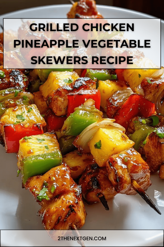 Grilled chicken skewers with pineapple chunks, bell peppers and red onion brushed with BBQ glaze on a hot grill.