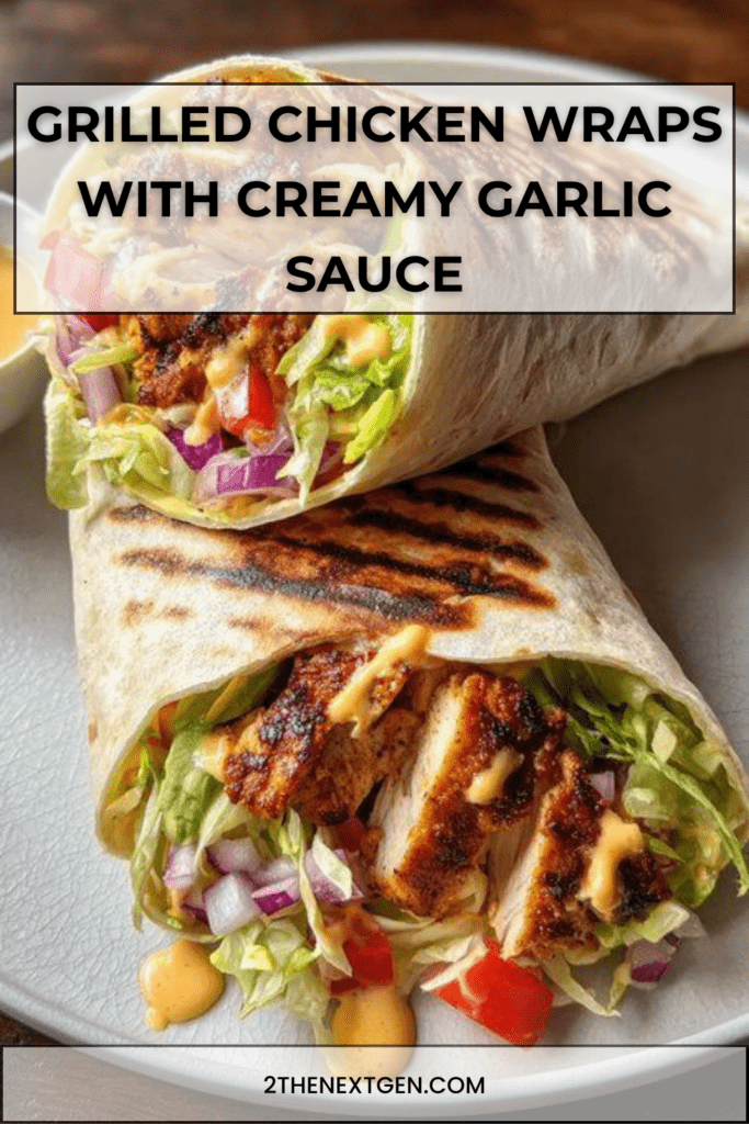 Grilled chicken wraps filled with lettuce, tomatoes, red onion and creamy garlic sauce wrapped in warm flour tortillas on a wooden plate.