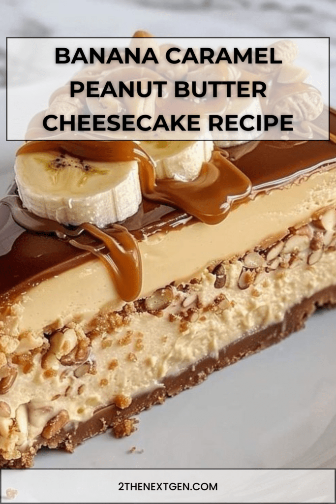 Slice of banana caramel peanut butter cheesecake topped with fresh banana slices, chopped peanuts and caramel drizzle on a white dessert plate.