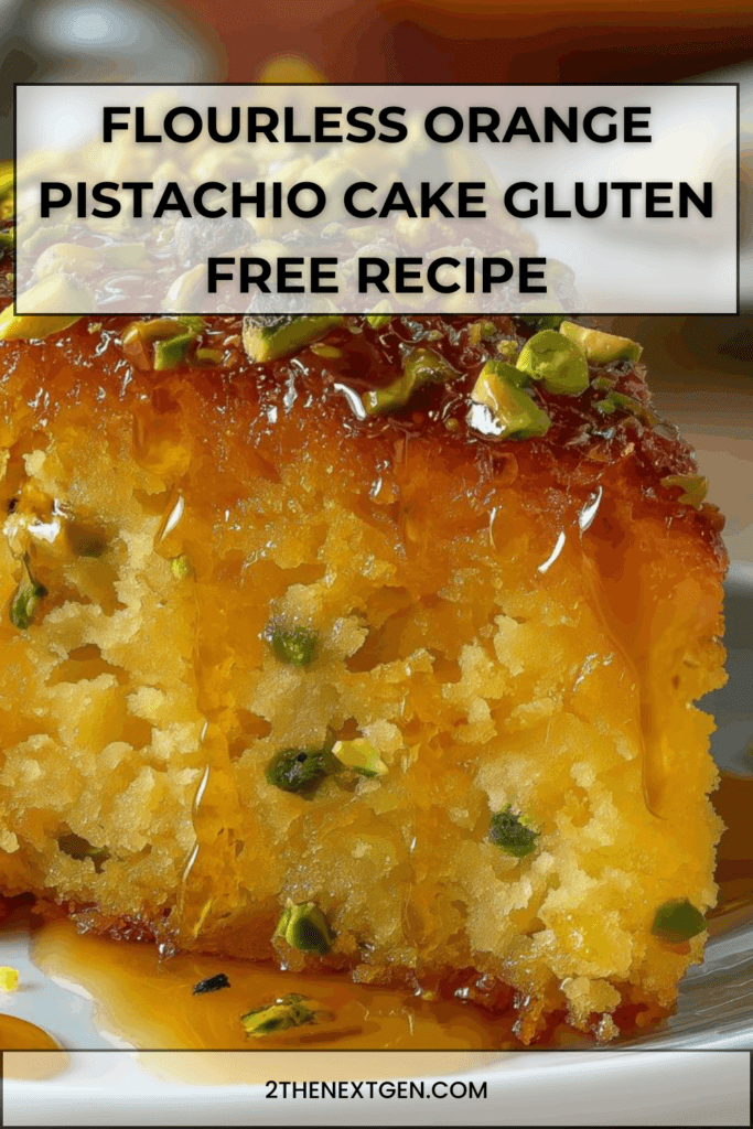 Slice of flourless orange pistachio cake topped with chopped pistachios and glazed with citrus syrup on a white dessert plate.