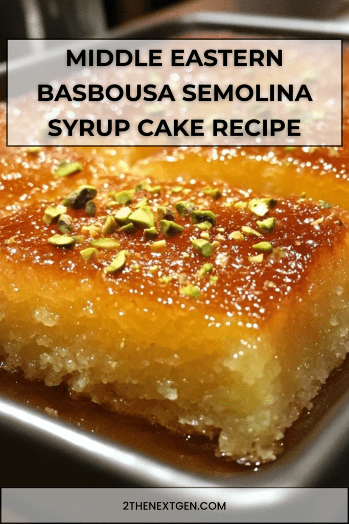 Golden Middle Eastern basbousa cake topped with pistachios and almonds, soaked in syrup and sliced into diamond shapes on a serving tray.