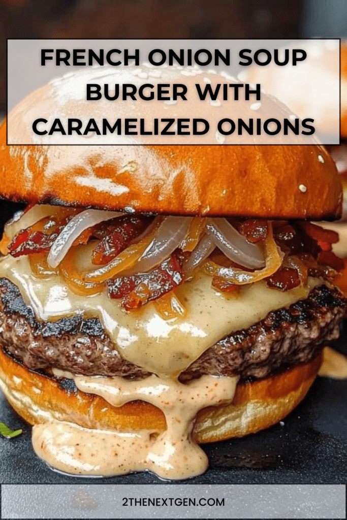 Gourmet French onion soup burger with caramelized onions, melted Gruyère cheese, crispy bacon and toasted brioche bun on wooden board.