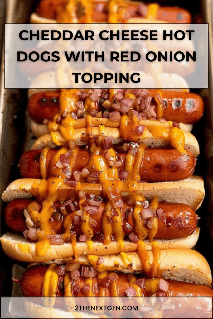 Grilled hot dogs topped with melted cheddar cheese sauce and diced red onions served in toasted brioche buns on a wooden serving board.