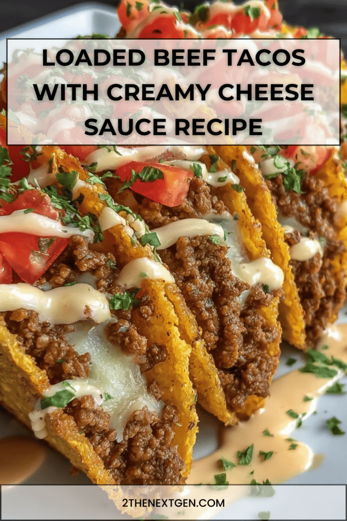 Hard shell loaded beef tacos filled with seasoned ground beef and topped with creamy cheese sauce, diced tomatoes and fresh cilantro on serving tray.