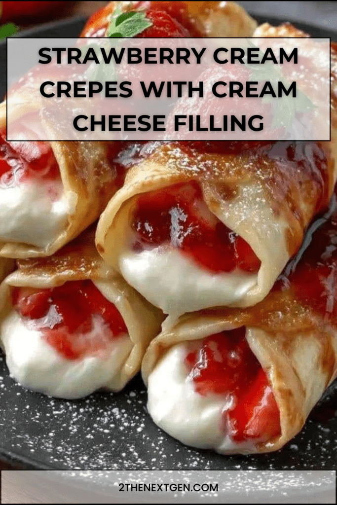 Rolled strawberry cream crepes filled with cream cheese filling, topped with fresh strawberry sauce and powdered sugar on a white dessert plate.