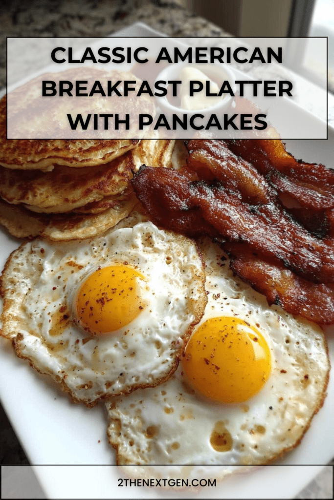 Classic American breakfast platter with fluffy pancakes, crispy bacon strips and sunny-side-up eggs served on a white plate with butter and syrup.