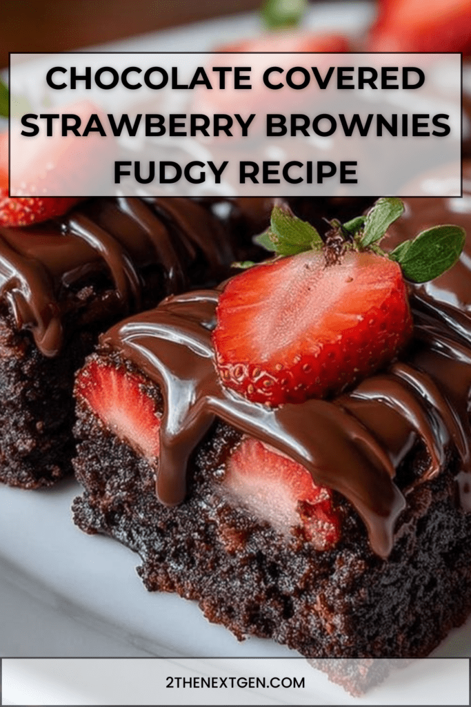 Chocolate covered strawberry brownies topped with fresh sliced strawberries and glossy chocolate ganache on a white dessert plate.