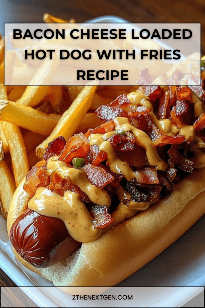 Bacon and cheese wrapped hot dog topped with melted cheddar cheese sauce and crispy bacon bits served in toasted bun with french fries on plate.