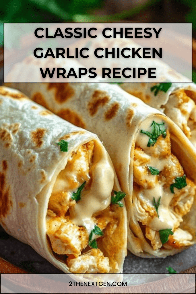 Cheesy garlic chicken wraps filled with seasoned chicken, melted cheddar and mozzarella cheese, grilled tortilla wrap cut in half on plate.