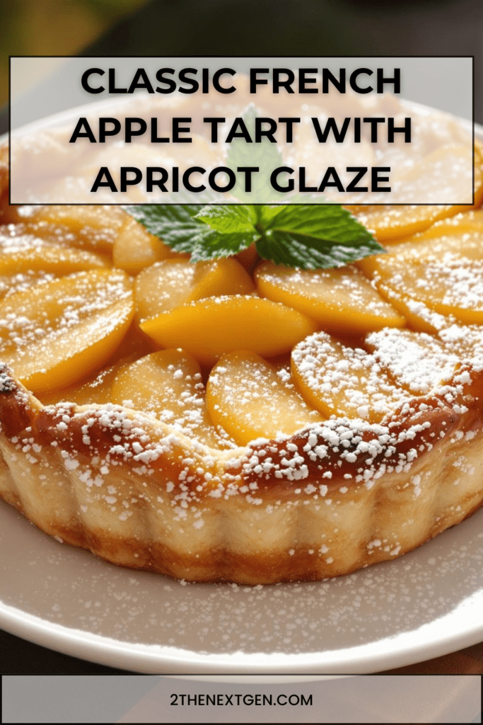 French apple tart with thinly sliced apples arranged in a circular pattern, golden pastry crust and shiny apricot glaze on top, dusted with powdered sugar.