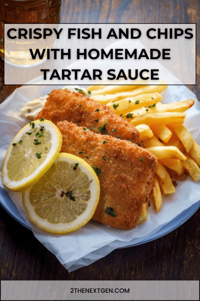 Crispy fish fillets served with golden thick-cut fries and homemade tartar sauce, garnished with lemon wedges on a serving platter.