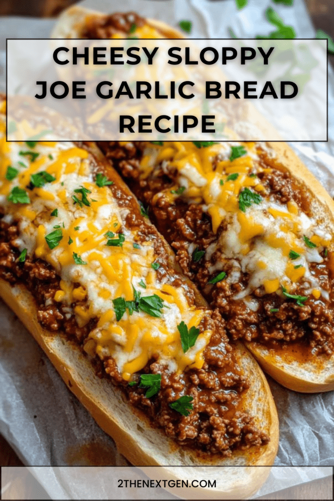 Cheesy sloppy joe garlic bread topped with saucy ground beef, melted mozzarella and cheddar cheese on toasted French bread slices.