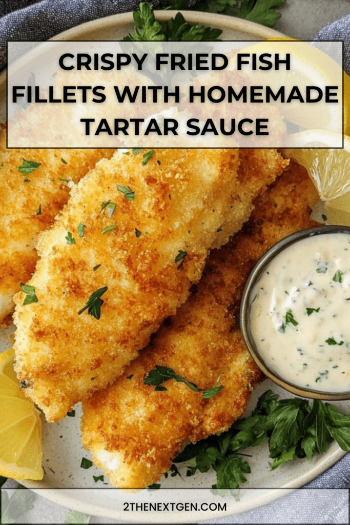 Golden crispy fried fish fillets served with homemade tartar sauce, lemon wedges and fresh parsley on a white serving plate.