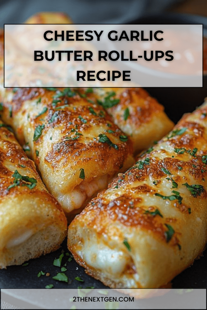 Golden cheesy garlic butter roll-ups made with crescent dough, brushed with garlic butter and topped with parsley, served with marinara sauce.