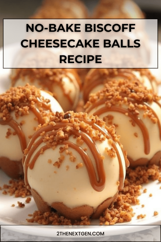 White chocolate coated no-bake Biscoff cheesecake balls drizzled with caramel sauce and sprinkled with cookie crumbs arranged on parchment paper.