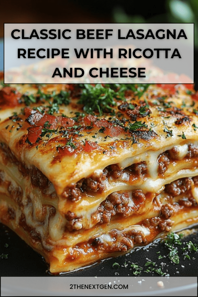Classic beef lasagna with layered pasta sheets, rich tomato meat sauce, creamy ricotta filling and melted mozzarella cheese topping served in baking dish.