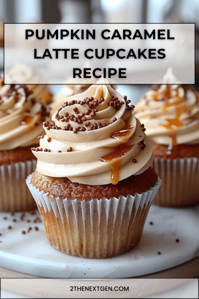 Pumpkin caramel latte cupcakes topped with cinnamon buttercream frosting and salted caramel drizzle decorated with chocolate pearls on white cupcake liners.