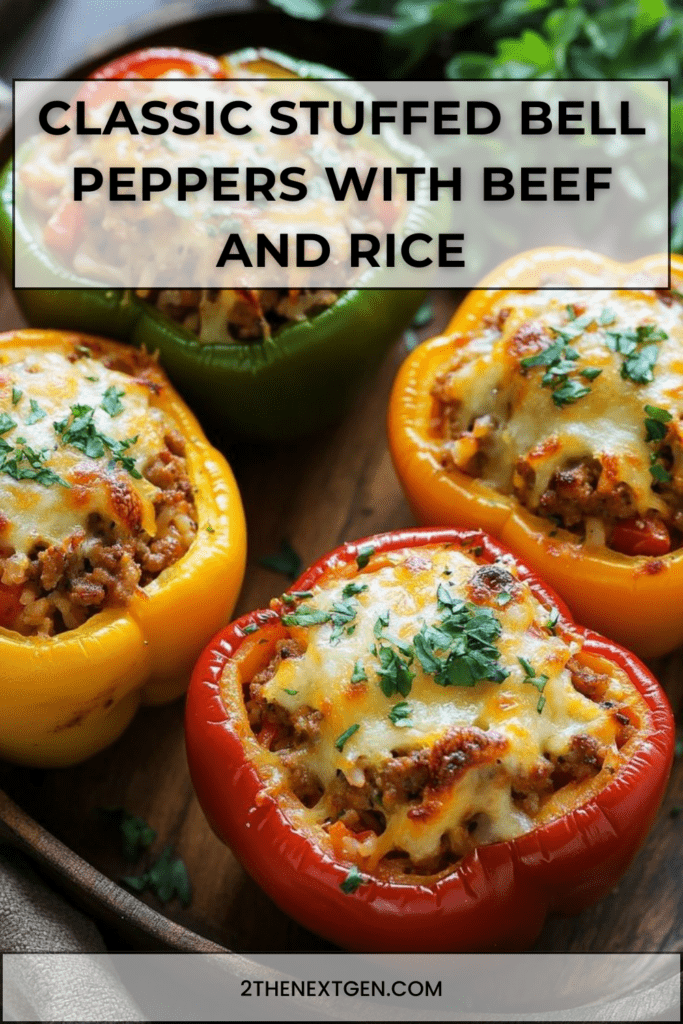 Stuffed bell peppers filled with ground beef and rice mixture topped with melted cheese and parsley garnish in a baking dish.