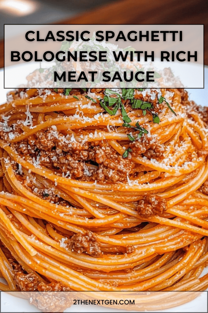 Classic spaghetti bolognese with rich meat sauce, grated Parmesan cheese and fresh parsley served in a white bowl with pasta strands visible.