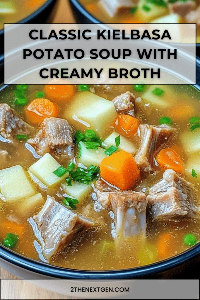 Classic kielbasa potato soup with sliced smoked sausage, tender potato chunks, carrots and parsley garnish served in a rustic soup bowl.