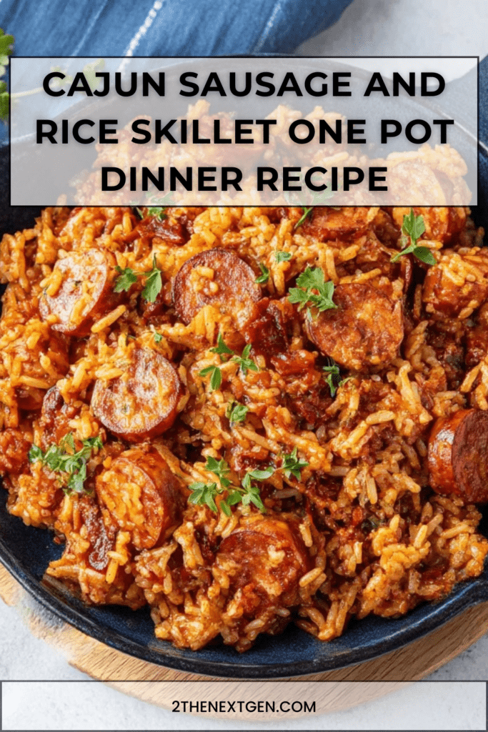 Cajun sausage and rice skillet with smoked sausage slices, fluffy seasoned rice, bell peppers, onions, and fresh herbs served in a black pan.