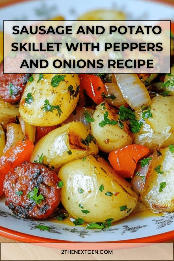 Sausage and potato skillet with golden potatoes, smoked sausage slices, bell peppers, onions, and fresh parsley served in a cast iron pan.