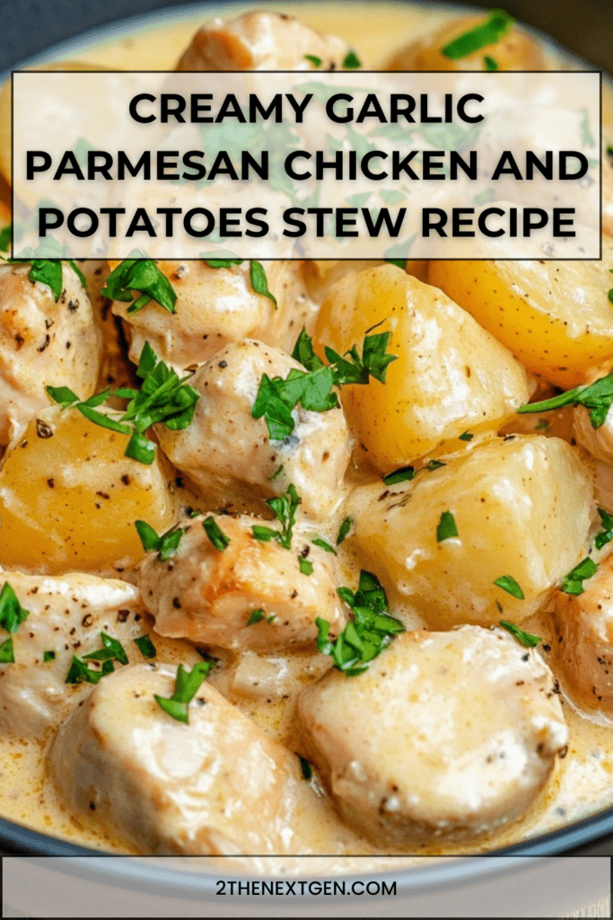 Creamy garlic parmesan chicken and potatoes stew with tender chicken pieces, baby potatoes, rich cream sauce, parmesan cheese, and fresh parsley garnish.