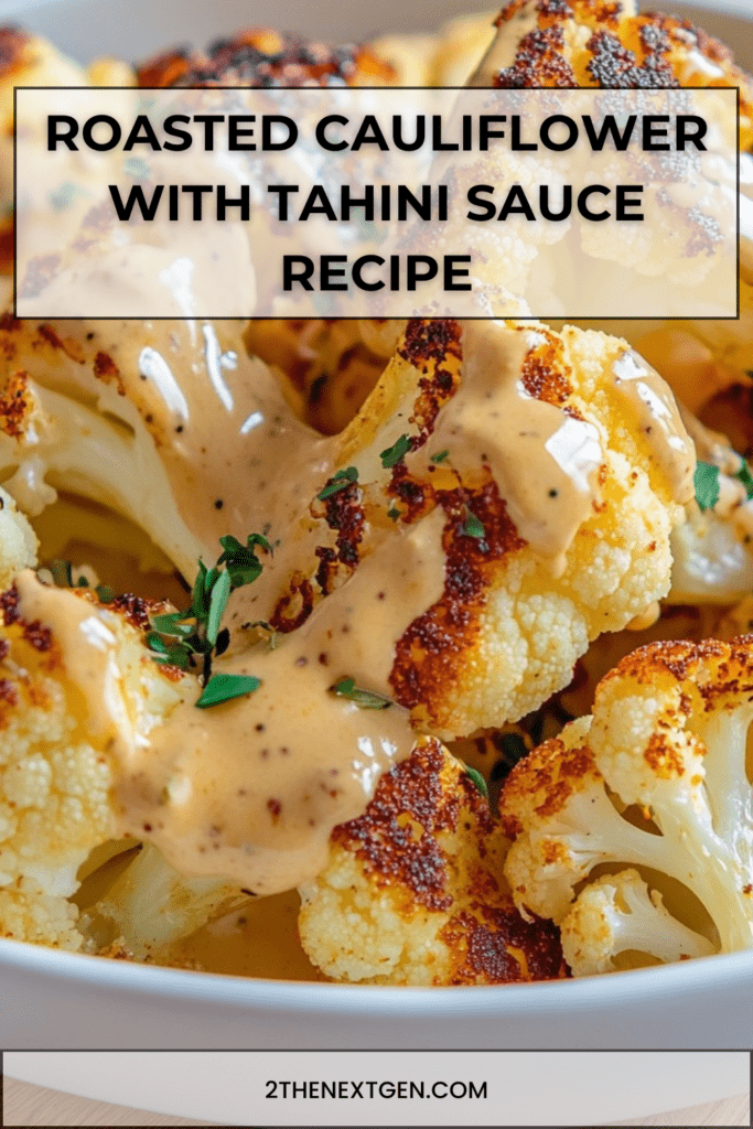 Golden roasted cauliflower florets on a baking tray drizzled with creamy tahini sauce, garnished with fresh parsley and black pepper.