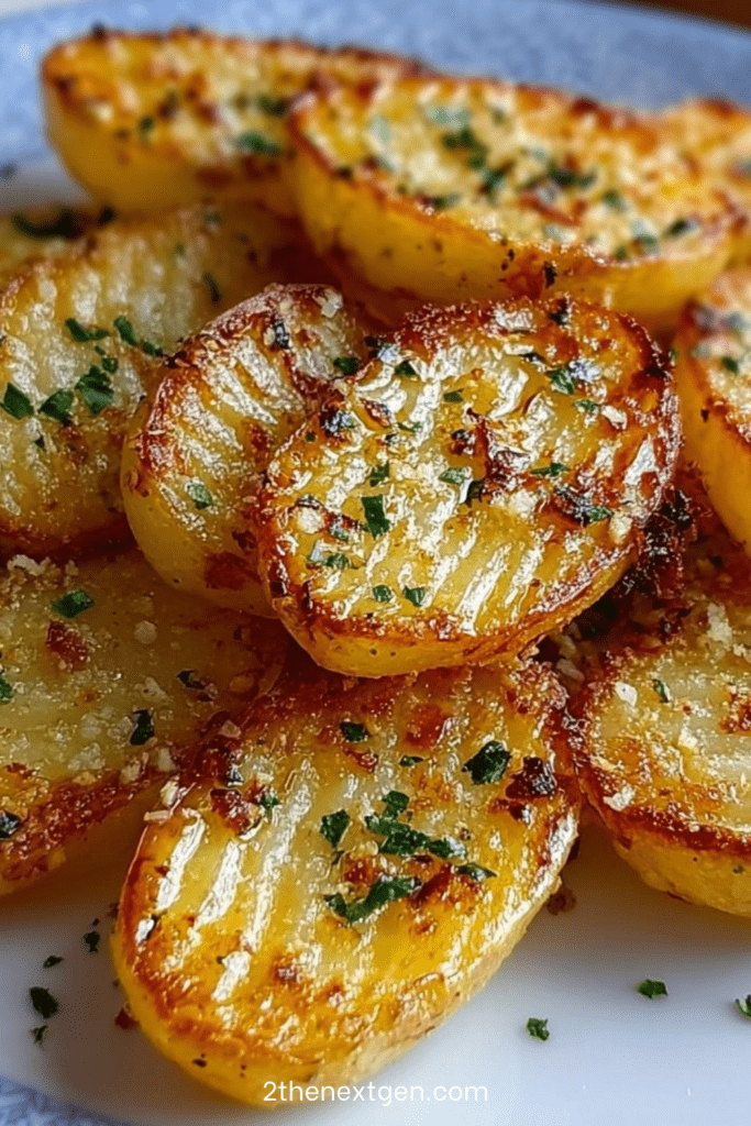 Golden crispy garlic roasted baby potatoes coated with garlic, olive oil and parmesan cheese, served hot on a baking sheet with fresh parsley garnish.