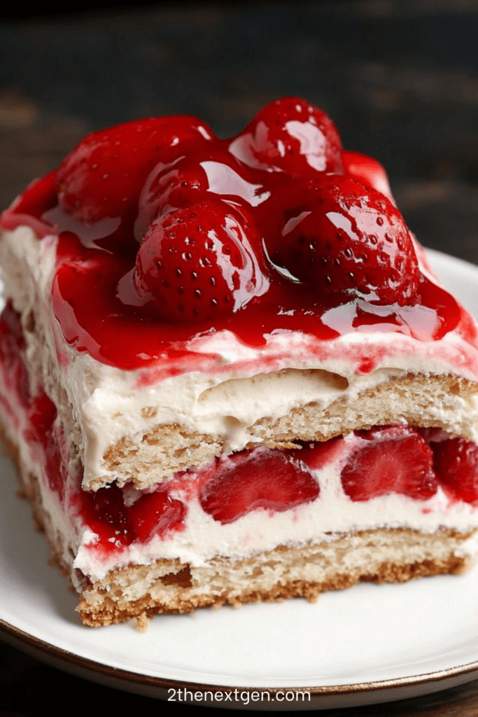 A chilled strawberry icebox cake layered with graham crackers, cream cheese whipped cream and fresh sliced strawberries in a glass baking dish.