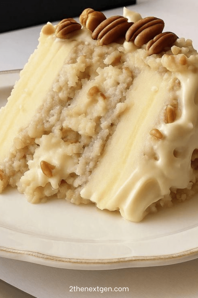 A chilled Snowy Bavarian Bliss Cake topped with creamy custard, shredded coconut and chopped pecans, served in a rectangular baking dish.