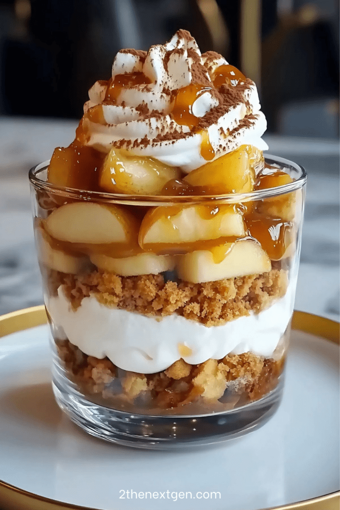 Glass dessert layered with mascarpone cream, caramelized apples, salted caramel sauce and cocoa powder, styled as Salted Caramel and Apple tiramisu