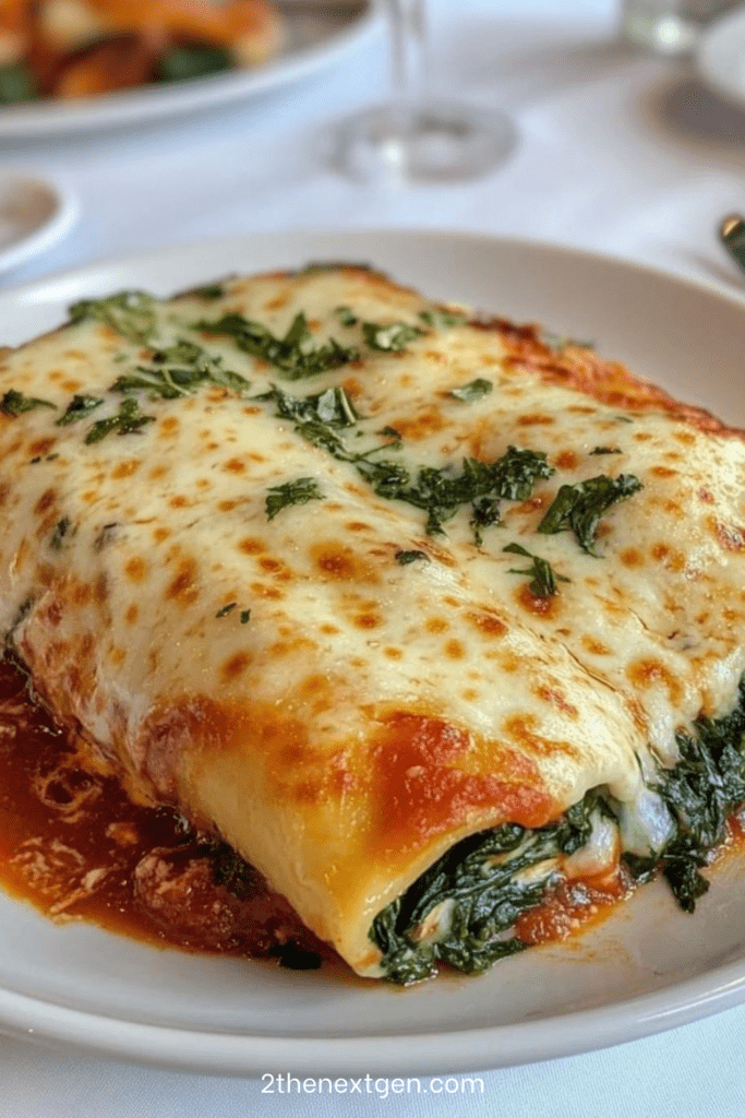 Baked spinach and cheese manicotti shells filled with ricotta and spinach, covered in tomato sauce and melted mozzarella and parmesan cheese.