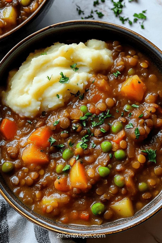 hearty lentil and vegetable stew with carrots and celery served over creamy mashed potatoes, garnished with fresh parsley.