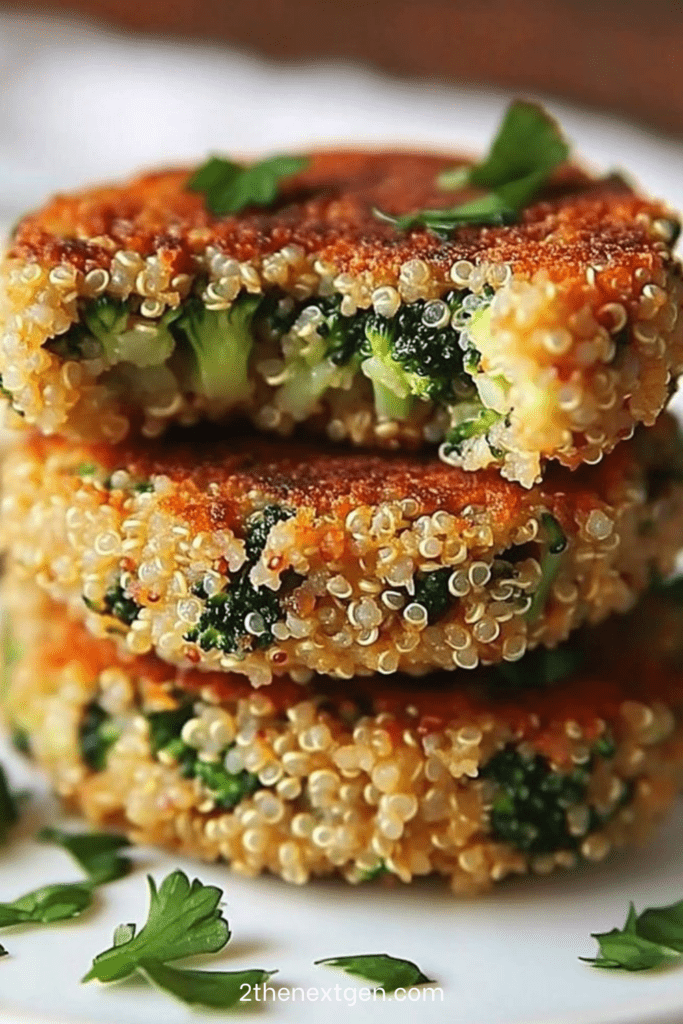 Golden crispy and cheesy broccoli and quinoa patties made with cheese and breadcrumbs, served warm on a plate with dipping sauce.