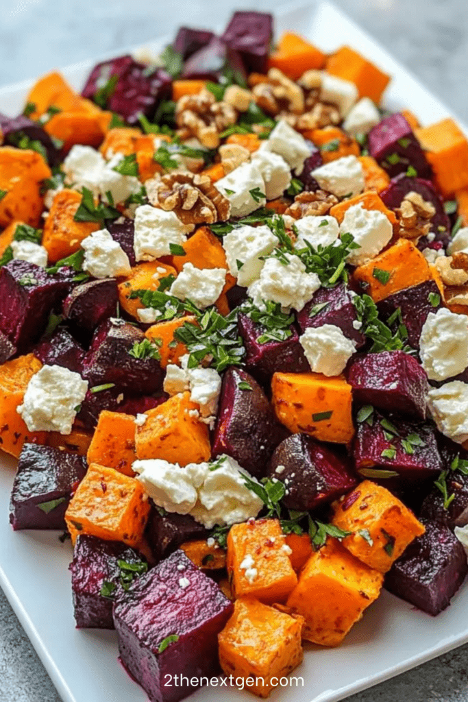 Roasted beet and sweet potato salad with feta cheese, walnuts and fresh parsley, tossed in a lemon vinaigrette and served in a bowl.