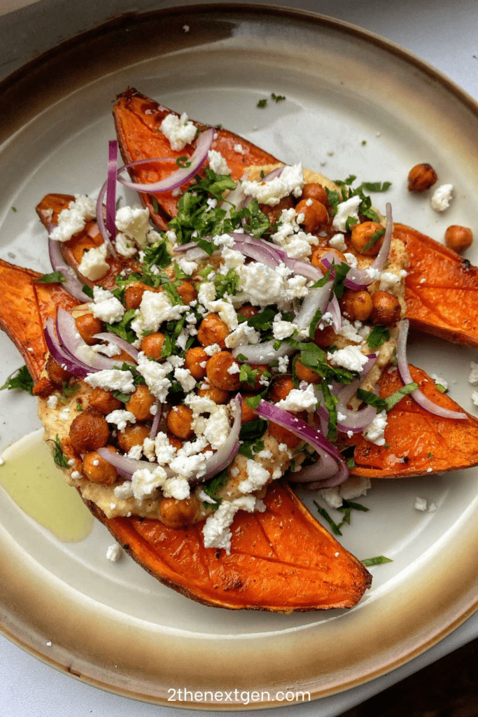 loaded roasted sweet potato halves topped with crispy spiced chickpeas, crumbled feta cheese, red onion and fresh parsley on a baking tray.