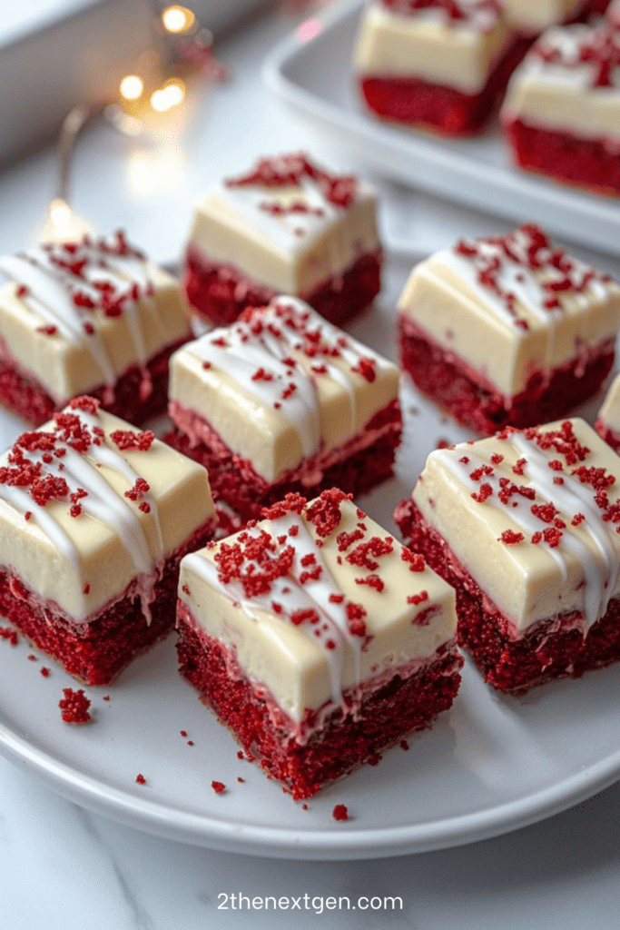Red velvet cookie bars topped with smooth cream cheese frosting and red sprinkles, sliced into squares and served on parchment paper.