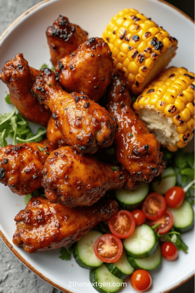 Sticky BBQ chicken drumettes glazed with sauce served with grilled corn cobettes and fresh green salad on a serving platter.