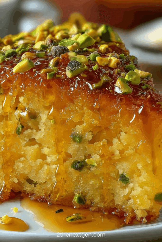 Slice of flourless orange pistachio cake topped with chopped pistachios and glazed with citrus syrup on a white dessert plate.