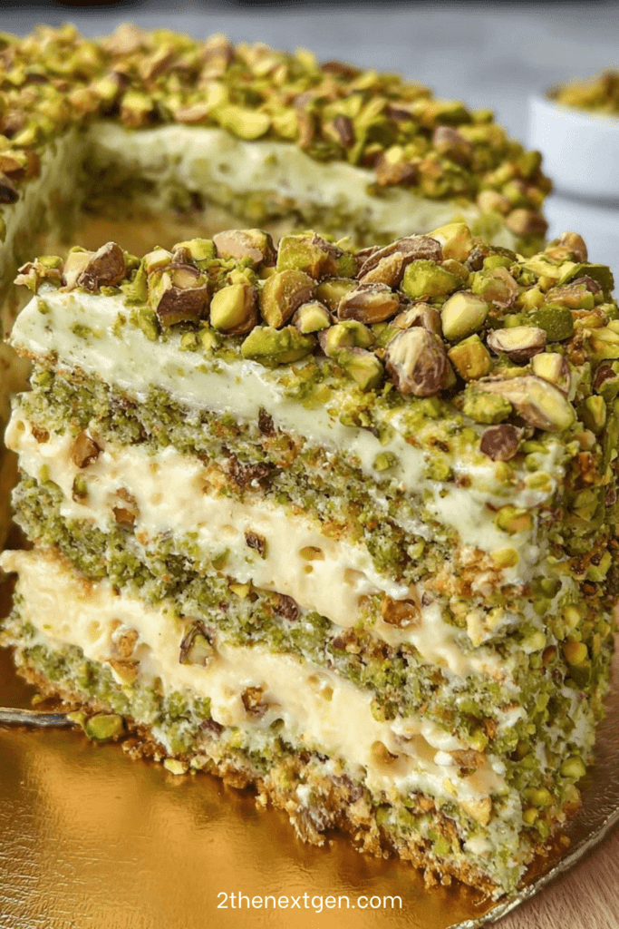 Two-layer pistachio cake filled and frosted with mascarpone cream and topped with chopped pistachios on a white cake stand.