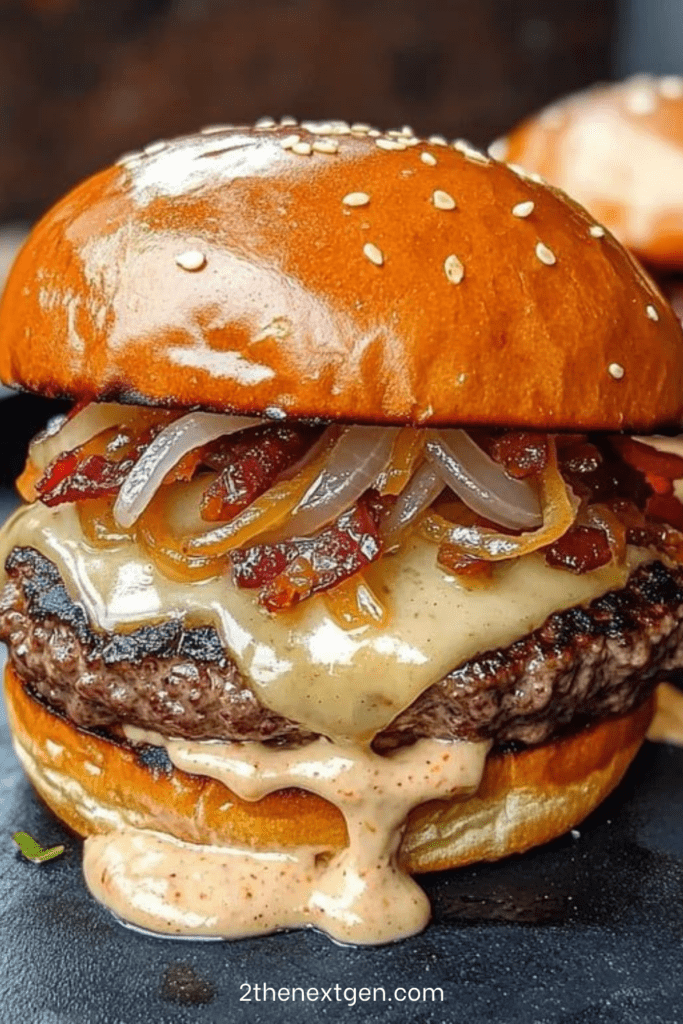Gourmet French onion soup burger with caramelized onions, melted Gruyère cheese, crispy bacon and toasted brioche bun on wooden board.