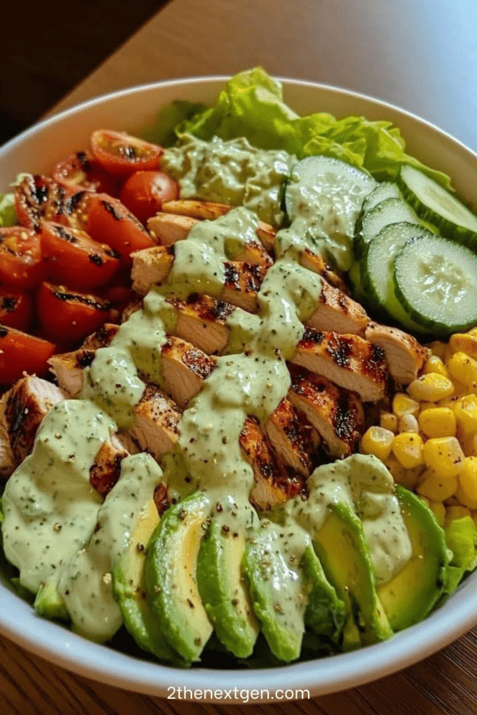 Grilled chicken avocado salad bowl with romaine lettuce, cherry tomatoes, cucumber, corn and creamy avocado dressing served in a ceramic bowl.