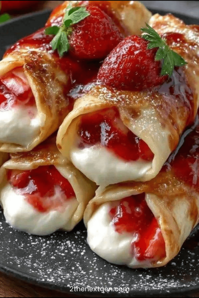 Rolled strawberry cream crepes filled with cream cheese filling, topped with fresh strawberry sauce and powdered sugar on a white dessert plate.