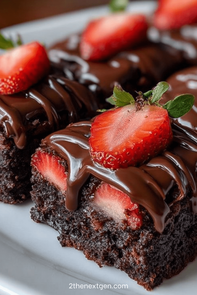 Chocolate covered strawberry brownies topped with fresh sliced strawberries and glossy chocolate ganache on a white dessert plate.