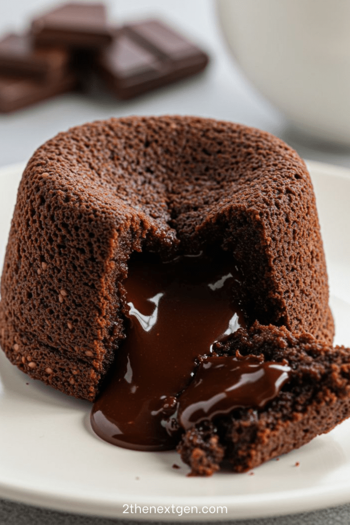 Warm classic chocolate lava cake with molten chocolate center flowing onto plate, dusted with powdered sugar and served with vanilla ice cream.