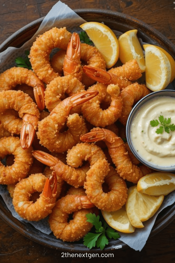 Golden crispy fried shrimp served with homemade tartar sauce and lemon wedges on a white plate with crunchy breadcrumb coating.