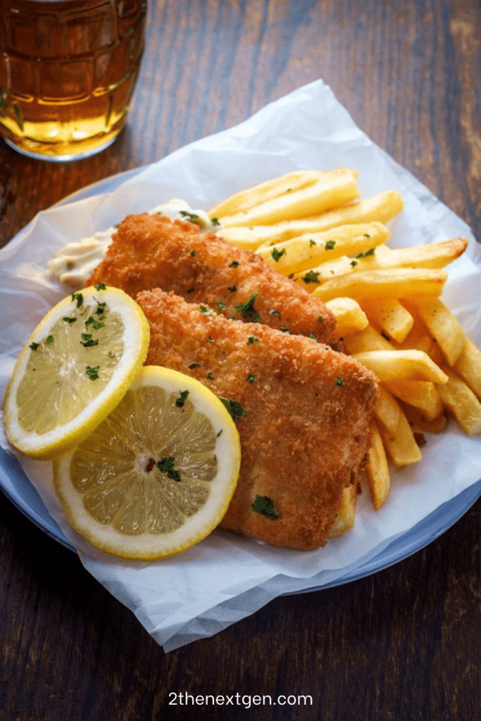 Crispy fish fillets served with golden thick-cut fries and homemade tartar sauce, garnished with lemon wedges on a serving platter.