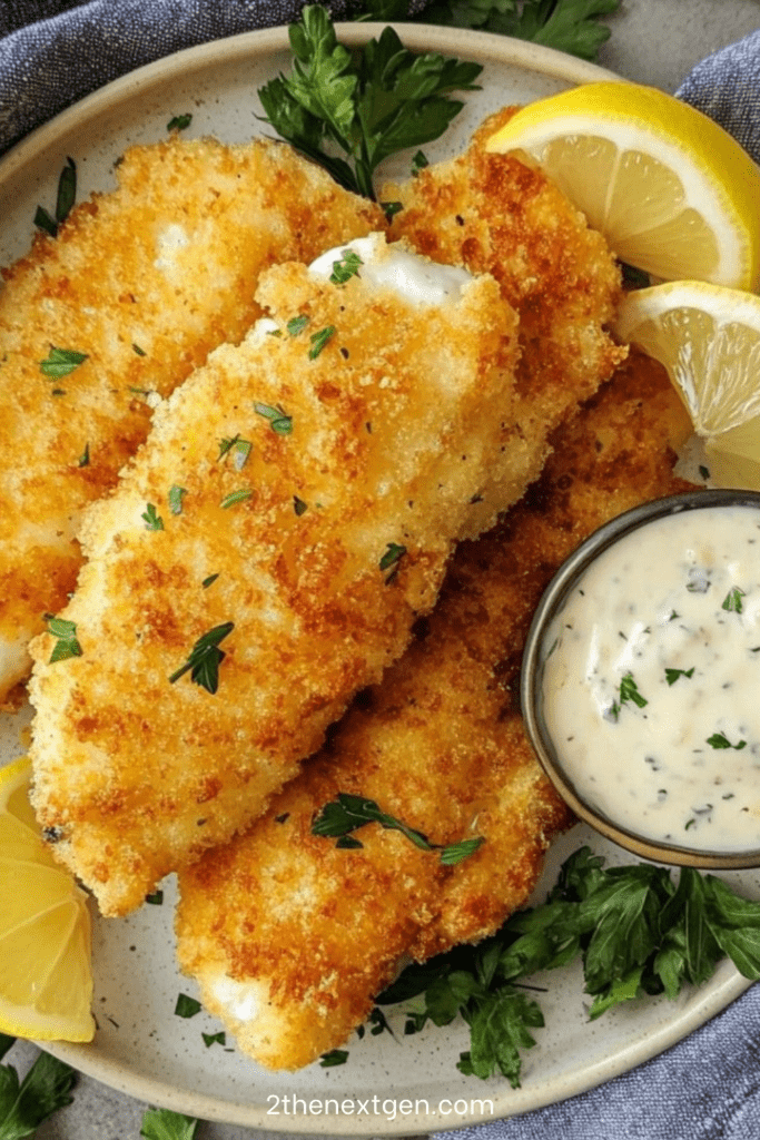 Golden crispy fried fish fillets served with homemade tartar sauce, lemon wedges and fresh parsley on a white serving plate.